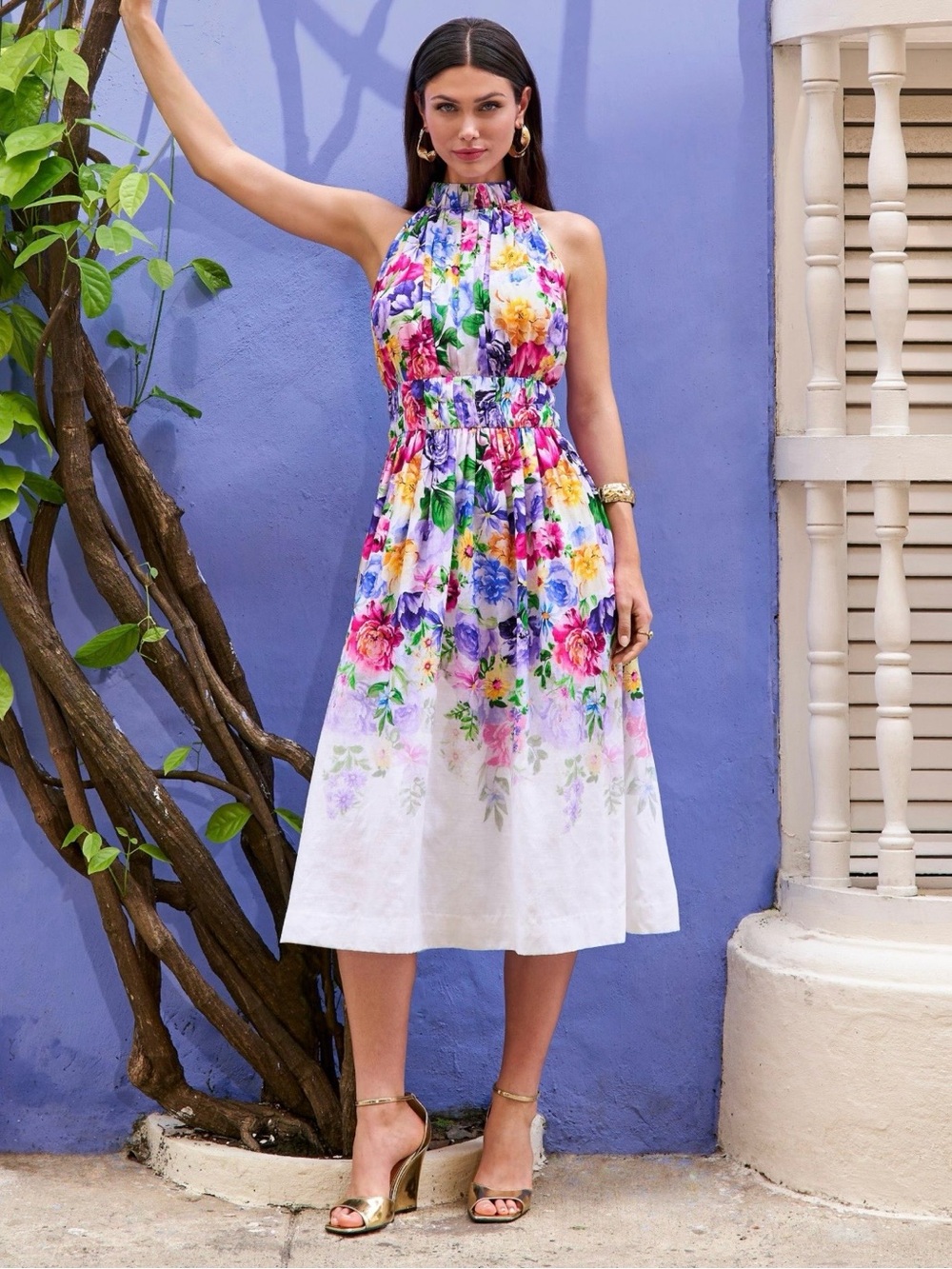 Boston Proper Floral Halter Dress Size 2 Cotton Blend Midi Summer Vacation
